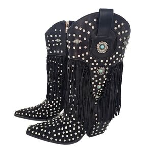 Azalea Wang Greyson Fringe Studded Evil Eye Torquise Black Western Boots Size 7